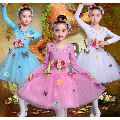 White blue light pink modern dance girl's kids children princess flower girls jazz singers model performance dance dresses costumes